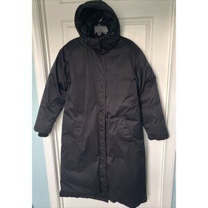 Lands End Long Goose Down Winter Coat Black Hooded Women Large Super Warm Parka